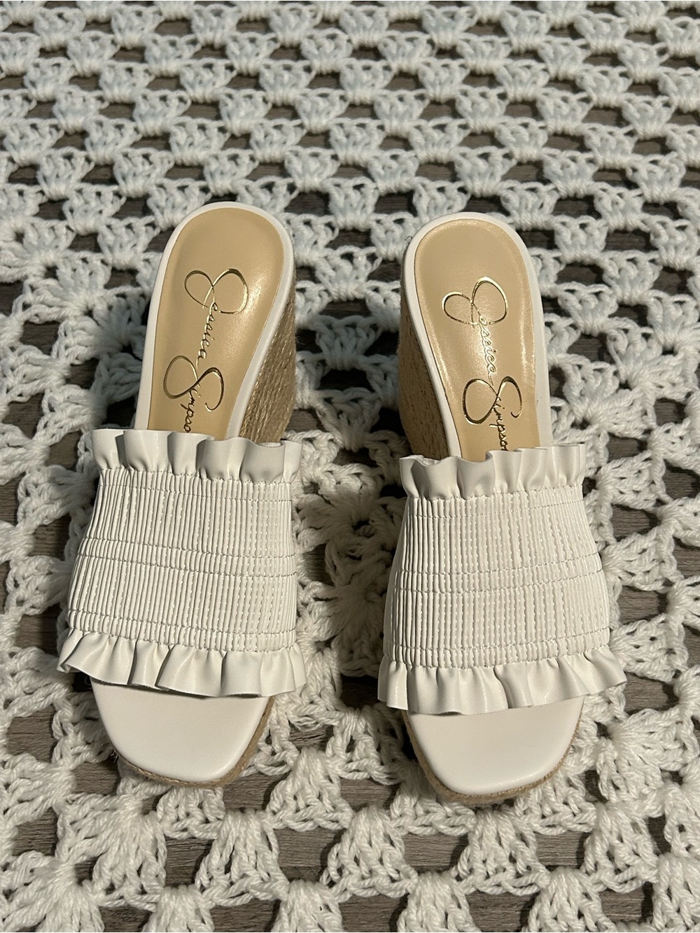 Jessica Simpson Bright White Ruffle Smocked Wedge Slides